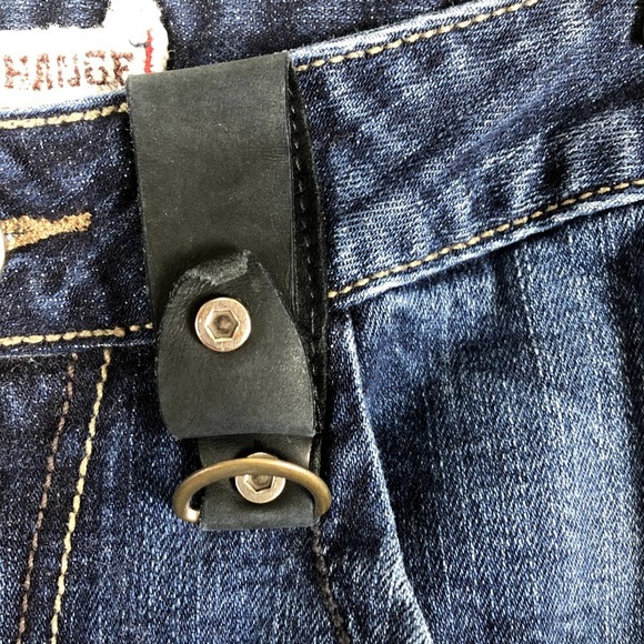 Blue Exchange Jeans Blue Dark Denim Black Faux Leather Trim Straight Size 31 - Picture 5 of 12